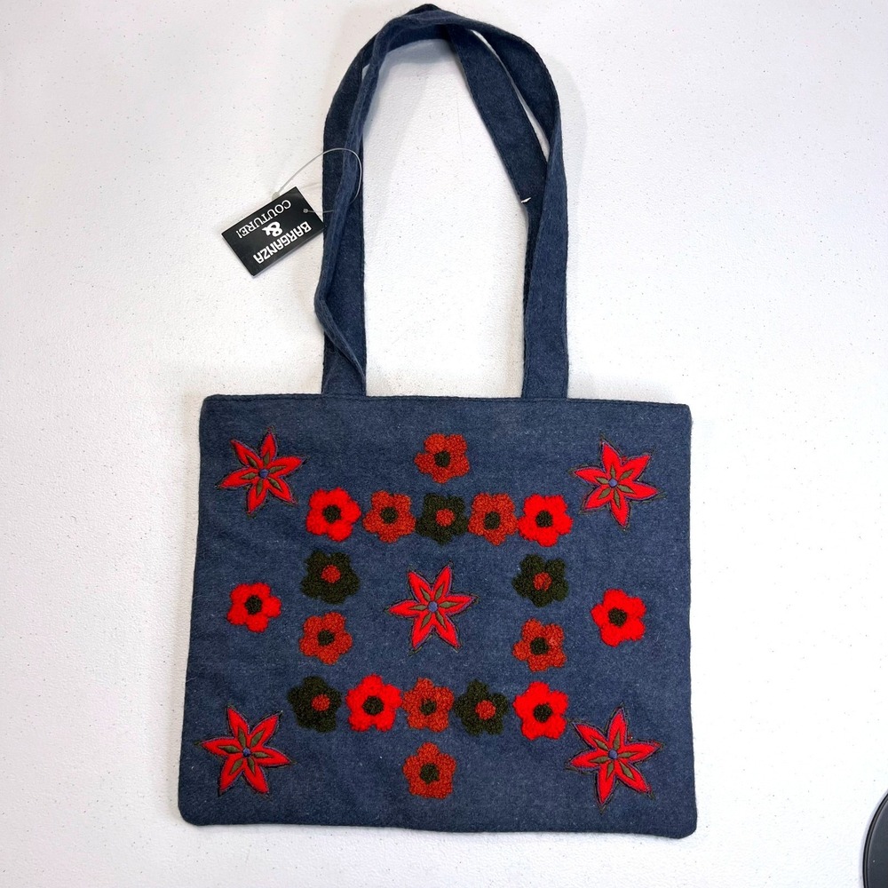 Barganza & Couture Embroidered Felt Blue Tote Bag Floral Boho Cottagecore VTG